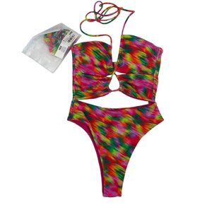 KALK Size M Morgan One-Piece Swimsuit Tropilicious Multicolor Cutout Strappy
